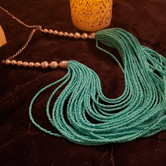 Boston Proper Tribal 30 strand Turquoise Silver Toned Bib Necklace 18-24 in New - Picture 4 of 5